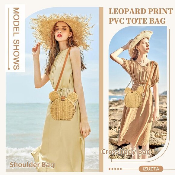 Handmade Round Rattan Straw Bag with Cute Mouse Ears - Stylish Crossbody Purse - Picture 5 of 9